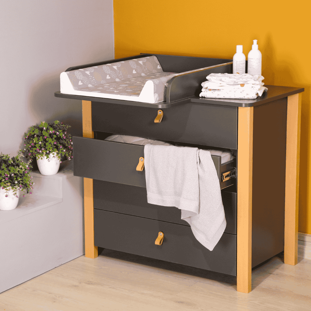 Dětská komoda Zukko Gekko Kids, 90x50x85cm, Tmavě šedá / Přírodní buk